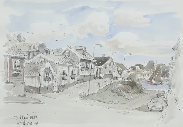 OVE MATHIESEN. Akvarell, Björkholmen, Karlskrona, signerad.