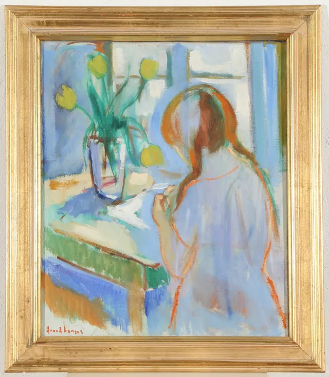ARNE A. HANSEN (1922 - 2009). Pige med gule tulipaner i vase, olie på lærred.