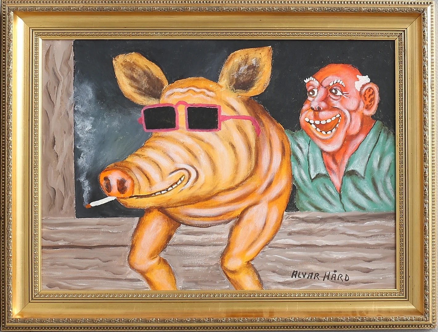 ALVAR HÅRD. "Två glada pensionärer (galten å bocken)". Olja på duk, signerad. — Paintings — Växjö Auktionskammare