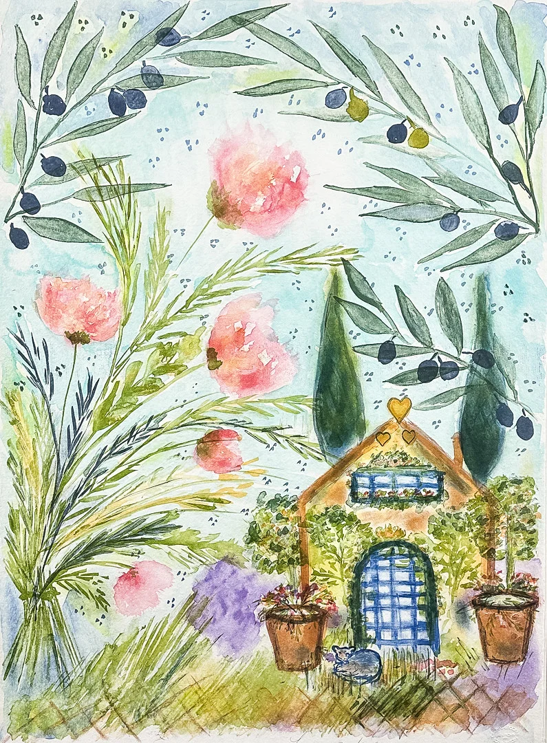 LENA LINDERHOLM. FÄRGLITOGRAFI, "Blommor & Hus", PT, signerad. — Engravings & Prints — Auktionshuset STO Bohuslän