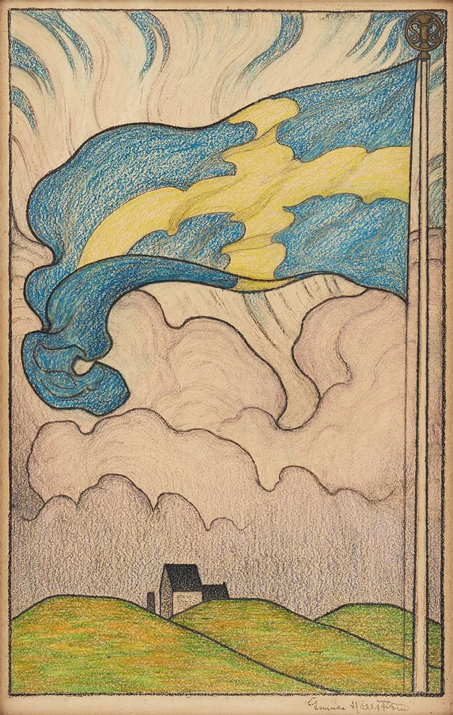 GUNNAR HALLSTRÖM (1875-1943). Swedish flag in front of Uppsala högar.