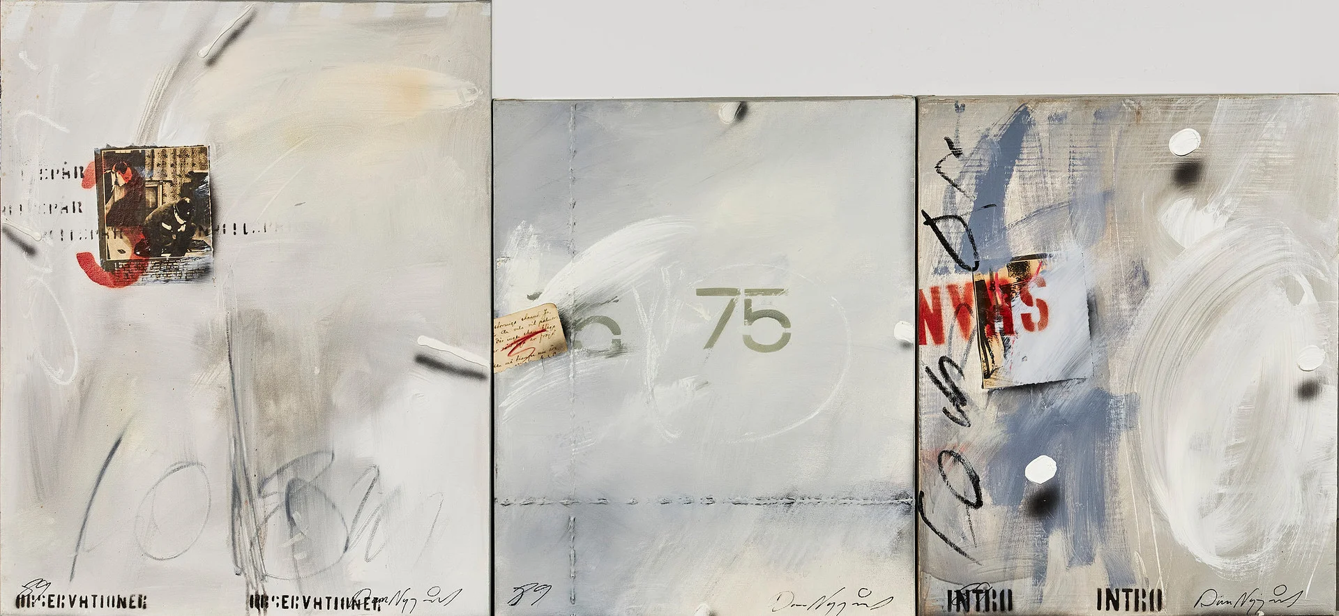 DAN NYGÅRDS. Kompositioner, 3 st, blandteknik på duk, med bl.a olja och collage, signerade och daterade Dan Nygårds -89. — Paintings — Stockholms Auktionsverk Sickla