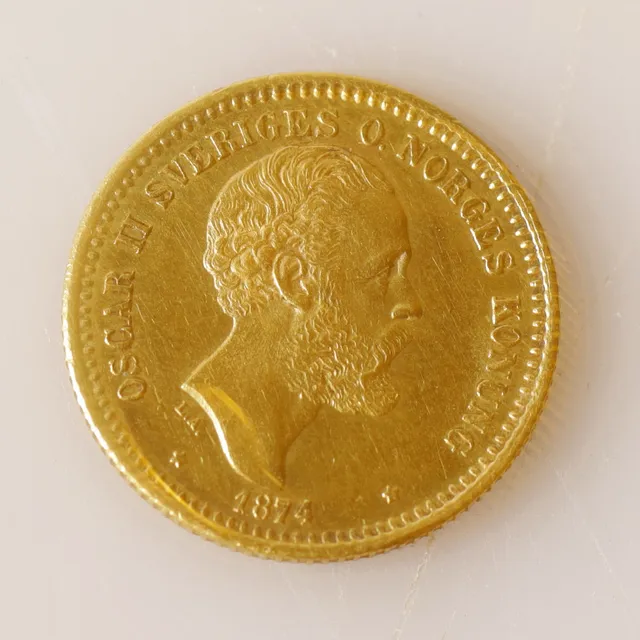 GULDMYNT, 21.6K (900/1000), 10 kronor, Oscar II, Sverige, 1874.