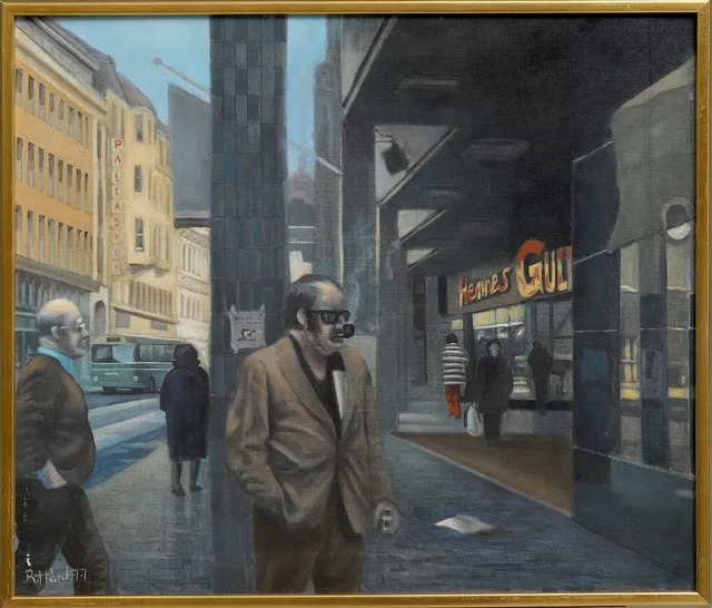 RONNY HÅRD. Gatuvy från Södergatan, Malmö, olja på duk, signerad och daterad -77.