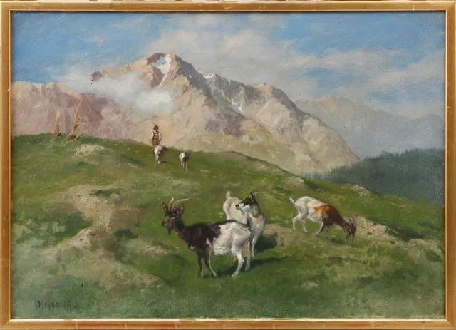 ARTHUR HEYER. Alplandskap med figur och getter, olja på duk, signerad.