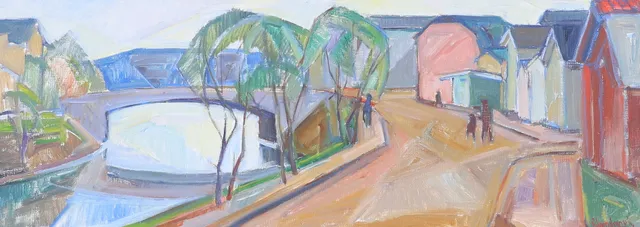 RUNE LUNDMARK. Abstrakt stadsmiljö med bro, olja på duk, signerad.