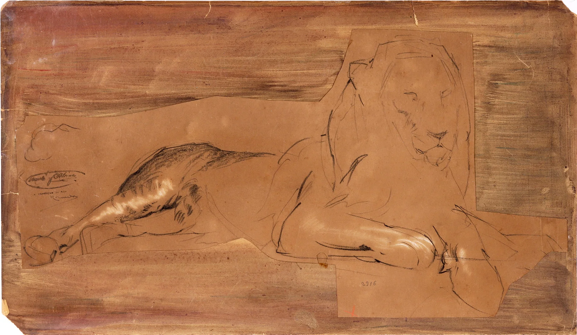 RAMON MARTÍ ALSINA. LEÓN RECOSTADO. DIBUJO CARBÓN. CON SELLO DE TESTAMENTERÍA Y FIRMA DE SU HIJO RICARDO MARTÍ AGUILÓ. — Paintings — Barcelona Auctions