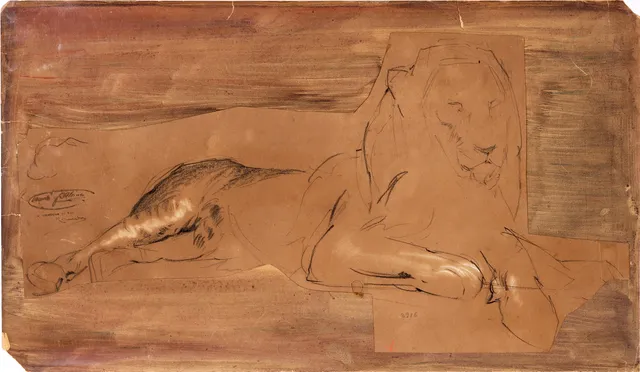 RAMON MARTÍ ALSINA. LEÓN RECOSTADO. DIBUJO CARBÓN. CON SELLO DE TESTAMENTERÍA Y FIRMA DE SU HIJO RICARDO MARTÍ AGUILÓ.