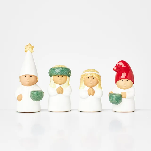 LISA LARSON. Ljusstakar, 4 st, "Adventsbarn", glaserat stengods, märkt i godset, Rörstrand.
