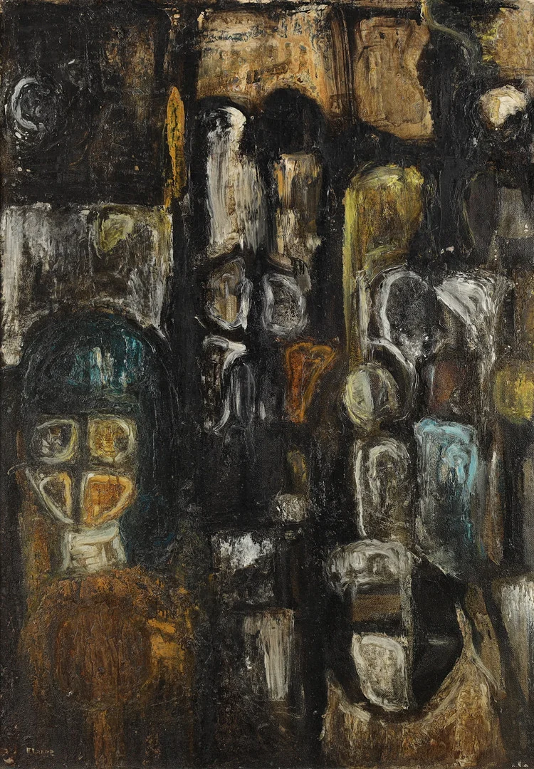 Ubekendt kunstner, abstrakt komposition, olie på plade, signeret. — Paintings — Palsgaard Kunstauktioner