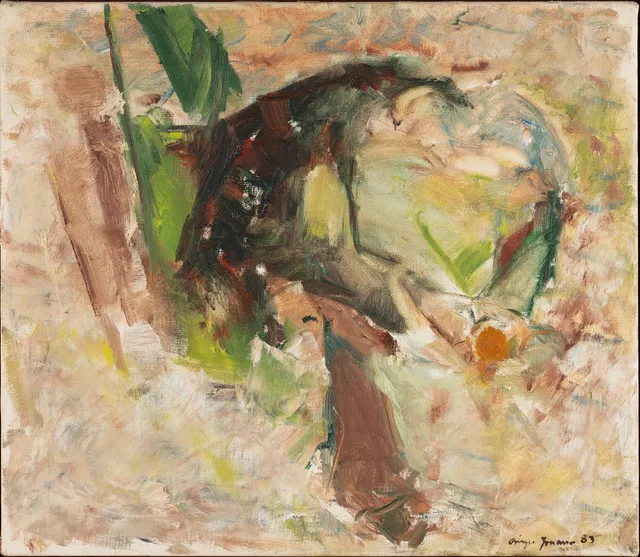 BIRGER JONASSON (FÖDD 1938). "Man som skalar sin apelsin", olja på duk, signerad samt daterad 83.