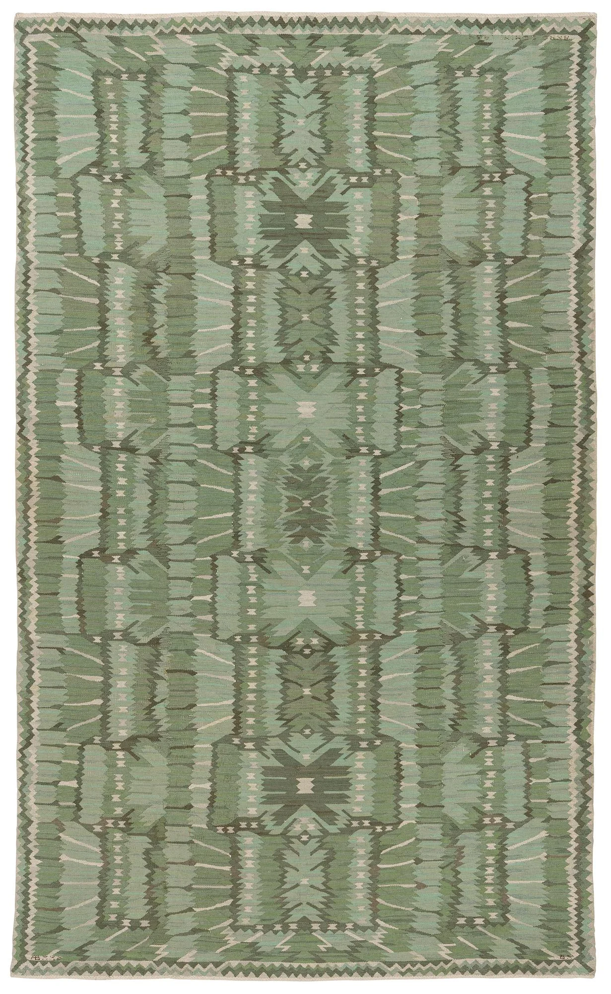Barbro Nilsson, matta, "Strålblomman, grön", gobelängteknik, ca 516 x 310 cm, signerad AB MMF BN ANNO DOMINE 1954. — Bukowskis