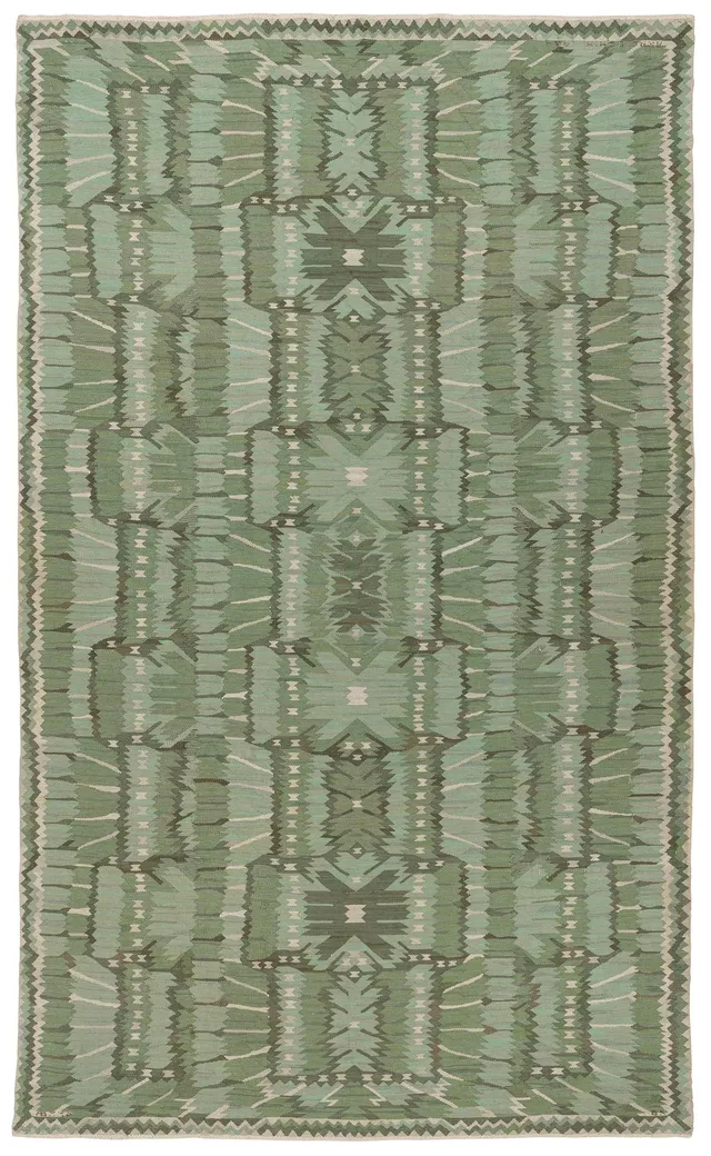 Barbro Nilsson, matta, "Strålblomman, grön", gobelängteknik, ca 516 x 310 cm, signerad AB MMF BN ANNO DOMINE 1954.