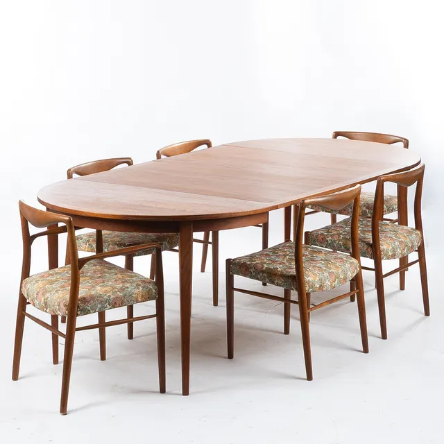KAI LYNGFELDT LARSEN. Bord & stolar, 7 delar, teak, Vejen furniture, Danmark.