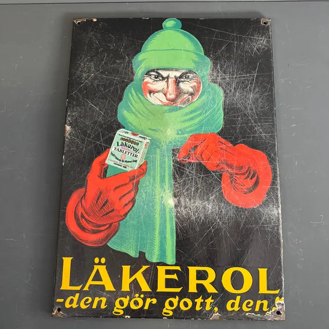 LÄKEROL, emaljskylt, 1920-tal.
