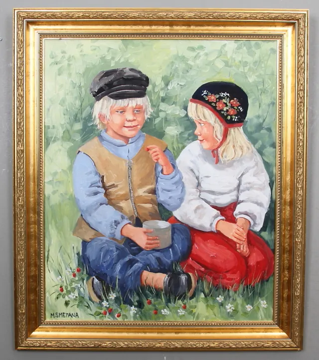 MONICA SMETANA. Smultronställe:2 barn i allmogedräkter.