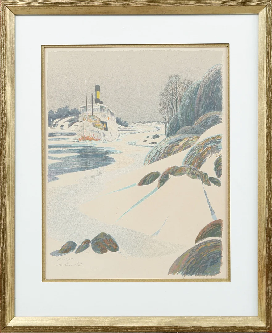 ROLAND SVENSSON. "Menföresbåten", färglitografi, signerad, P.T 1962. — Engravings & Prints — Göteborgs Auktionsverk