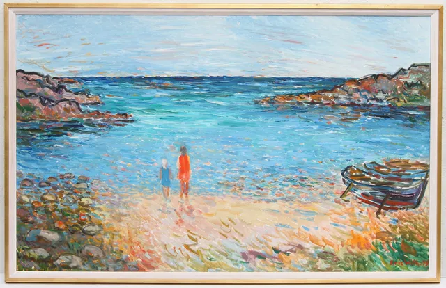 ERIC WITH. Olja på pannå. Kustbild med figurer, signerad-79.