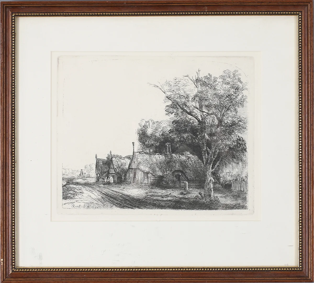 REMBRANDT HARMENSZ VAN RIJN. EFTER. “Landscape with Three Gabled Cottages beside a Road”, kopia efter etsningen, signerad i plåt. — Engravings & Prints — Stadsauktion Sundsvall