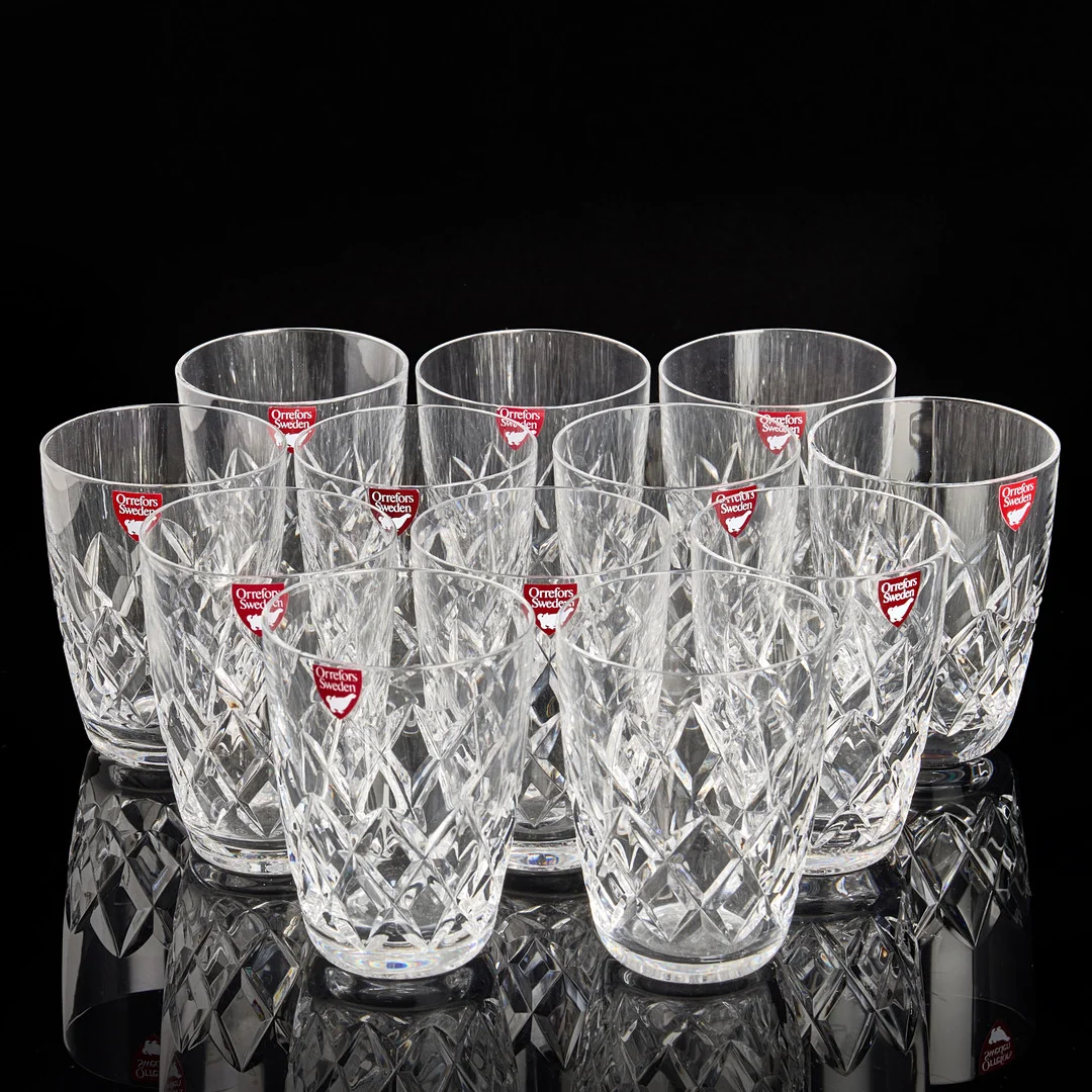GUNNAR CYRÉN. Selterglas, 12 st, "Karolina", Orrefors. etikettmärkta. — Tableware — Crafoord Auktioner Stockholm