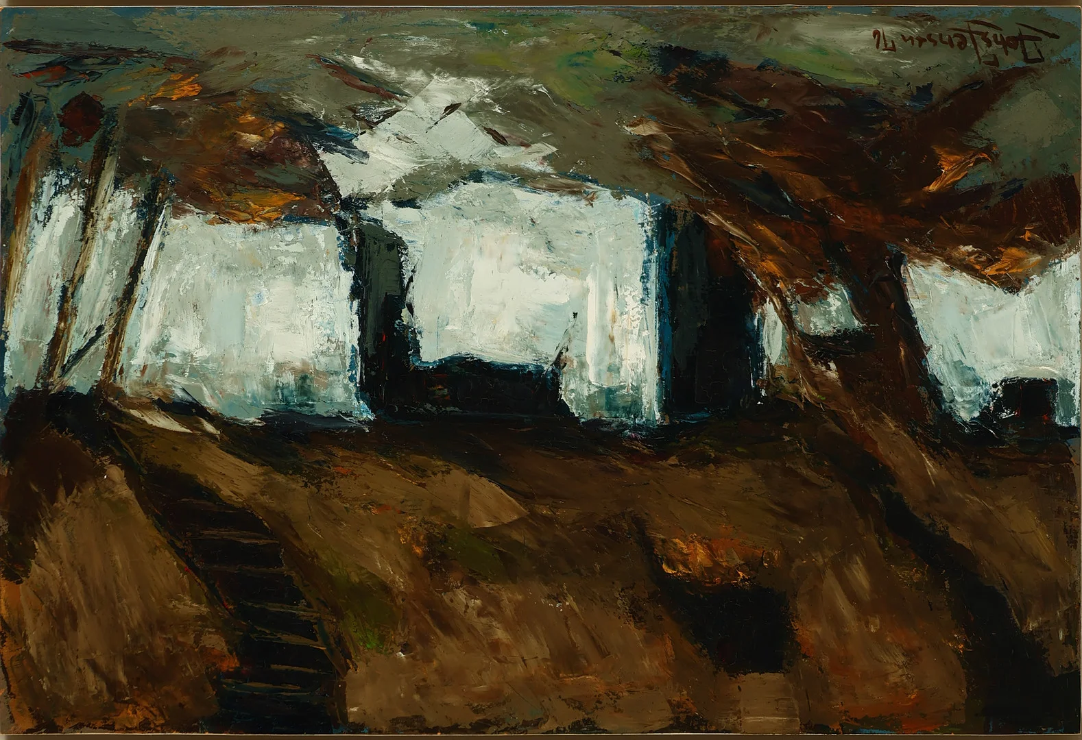 UBEKENDT KUNSTNER. Gårdmotiv, olie på plade, signeret og dateret 1976. — Paintings — Palsgaard Kunstauktioner