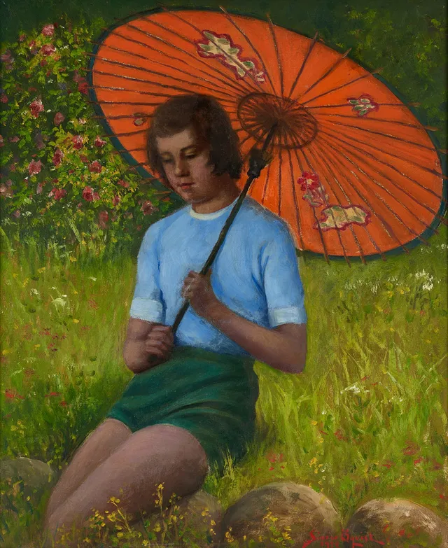 SIMEON ÖQUIST (1868-1955). Flicka med parasoll, signerad och daterad 1952, olja på duk.