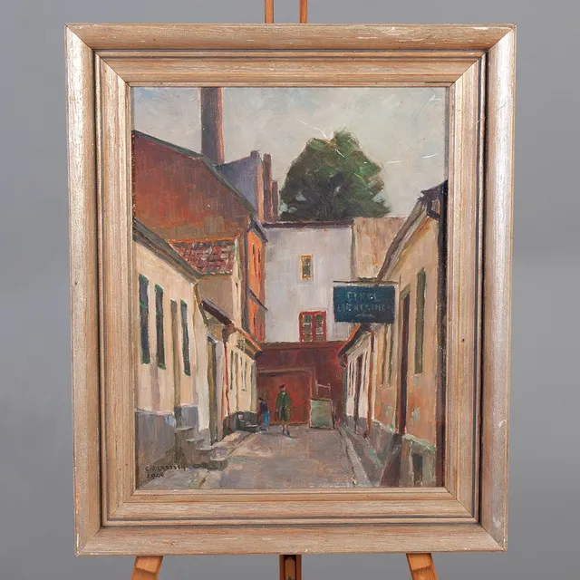 CARL OSCAR LARSSON. Olja på pannå. Stadsmotiv, signerad och daterad 1944.