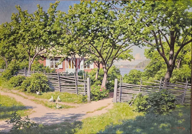 JOHAN KROUTHÉN. Landskap med höns, hus och sjö. Olja på duk, signerad Johan Krouthén och daterad 1918.