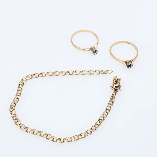 ARMBAND samt RINGAR, 3 delar, 18K, defekta.