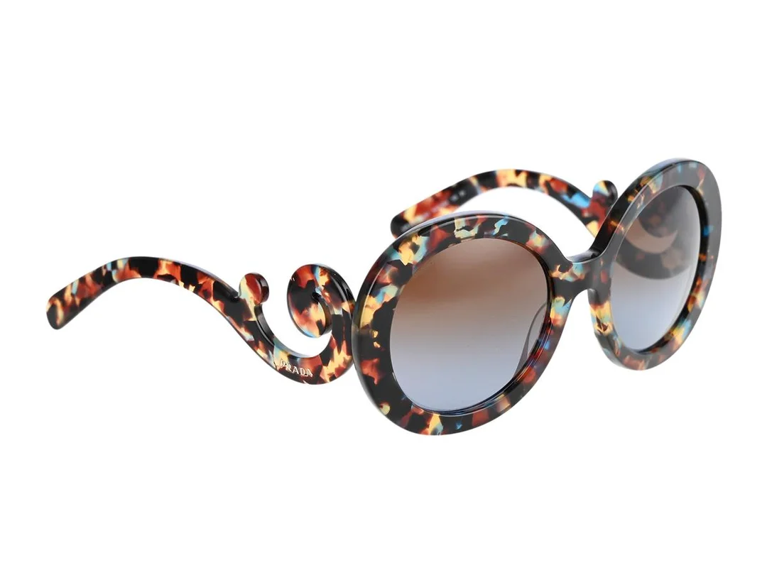 SOLGLASÖGON, PRADA, SPR, 27N, 55 22, NAG-0A4, melerade bågar, bruna, blåa glas, putsduk, etui, kartong. — Accessoarer/Solglasögon — Kaplans