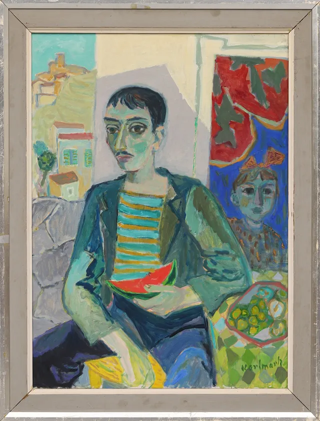 GERHARD KARLMARK. Porträtt av man med vattenmelon, signerad.