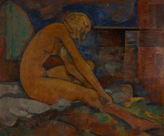 ANDERS OLSON (1880-1955), Toilette - den röda strumpan, signerad och daterad 1937, olja på pannå.