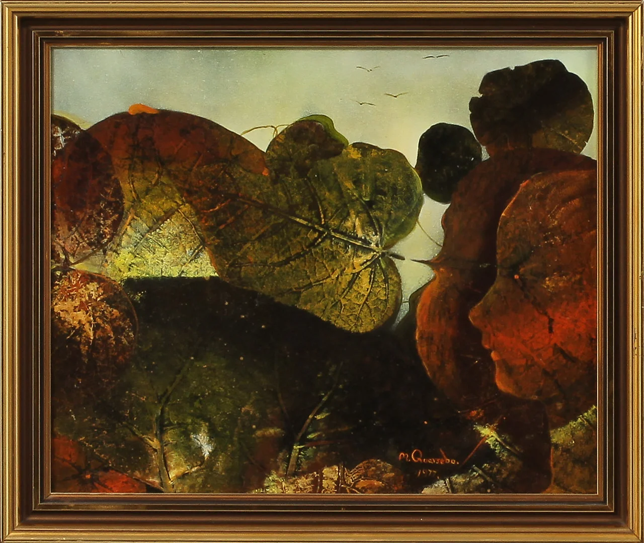MICHAEL QVARSEBO. Komposition med löv, olja på pannå, signerad och daterad 1977. — Paintings — Göteborgs Auktionsverk