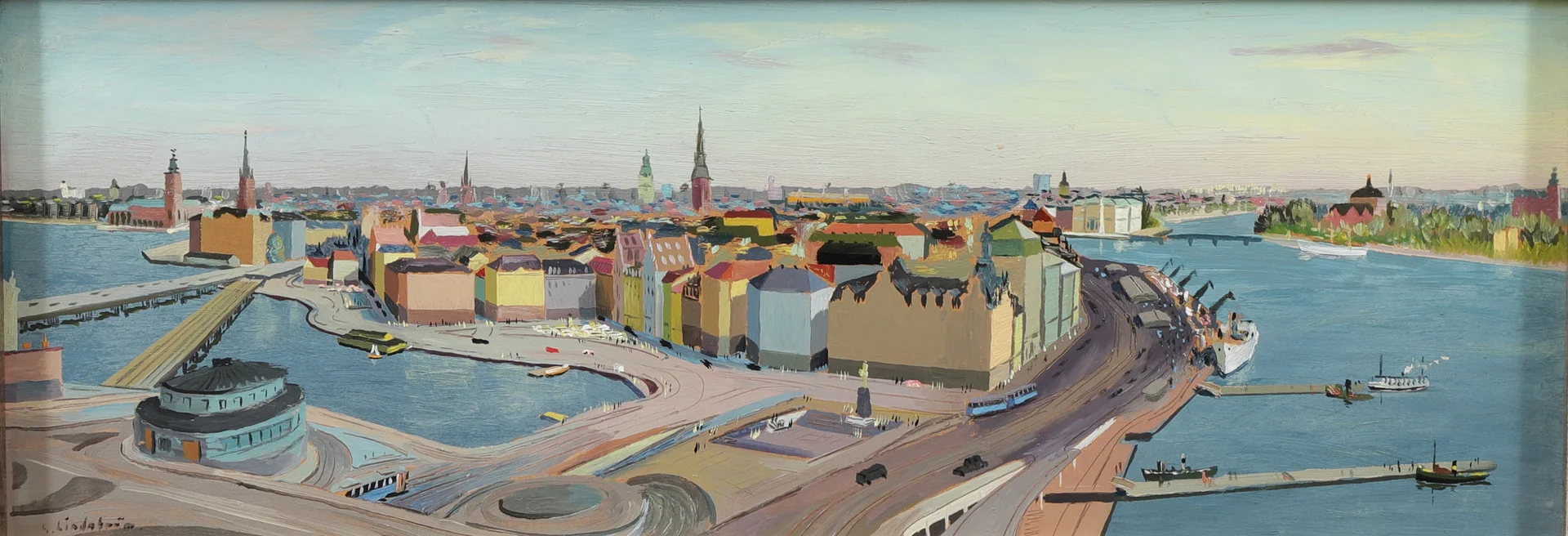 GEORG LINDSTRÖM. Slussen och Gamla Stan, Stockholmsmotiv, olja på pannå, signerad. — Paintings — Växjö Auktionskammare