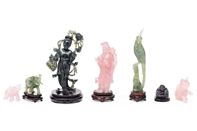 CHINESE SCHOOL, 20TH CENTURY. Ladies with headdress, cat, elephant, Buddha and bird.