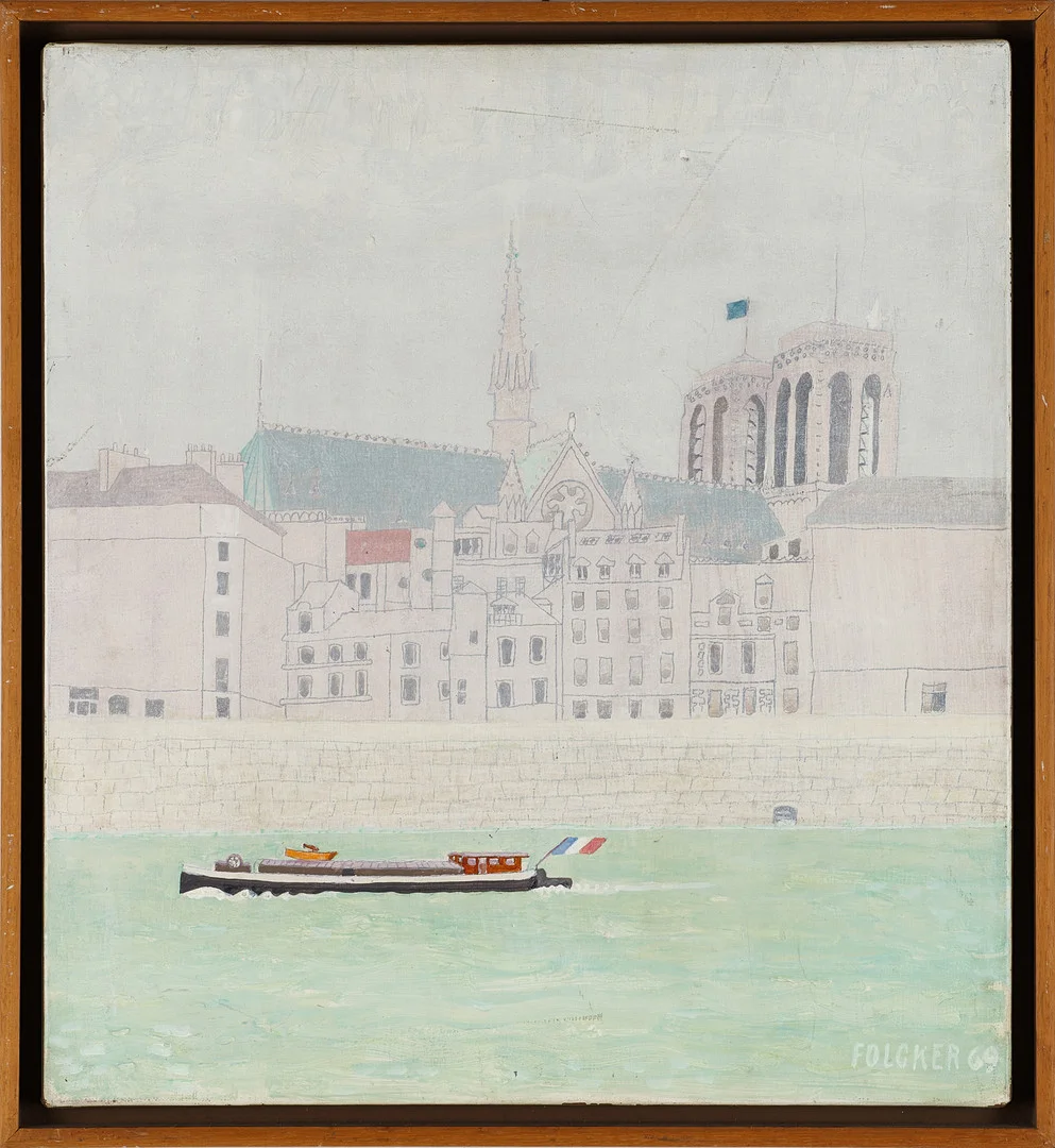 GÖRAN FOLCKER. Parismotiv med kanalbåt och Notre Dame, signerad och daterad 69, olja på duk. — Paintings — Crafoord Auktioner Stockholm