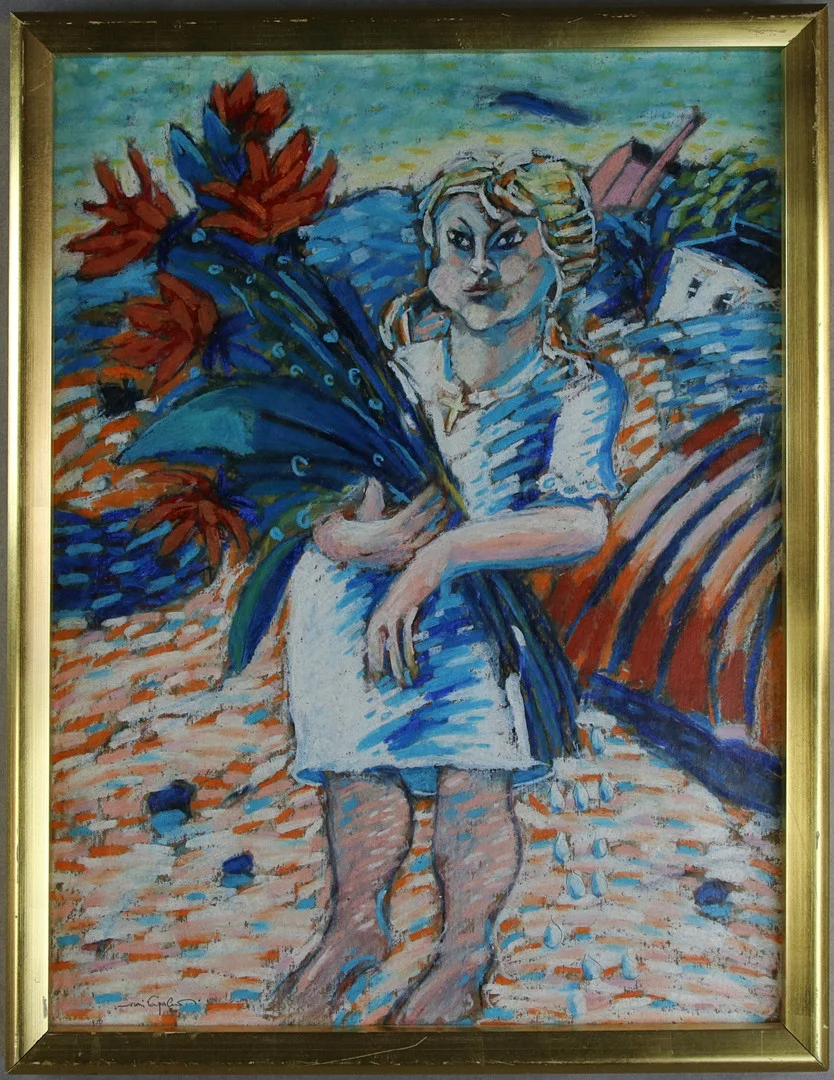 JUSSI TAIPALEENMÄKI. Olja på kartong, flicka med blombukett, signerad. — Paintings — Höganäs Auktionsverk