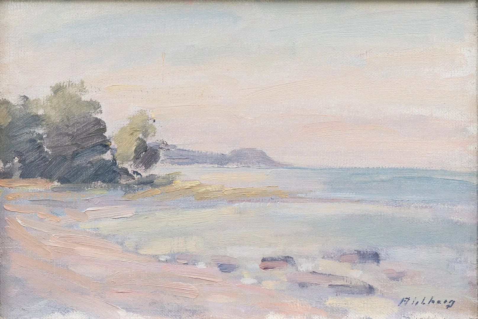 ROLF AHLBERG. "Flaged" med Stenhuvud i bakgrund. Motivet är målat från fortet som tyvärr inte finns kvar. — Paintings — Garpenhus Auktioner
