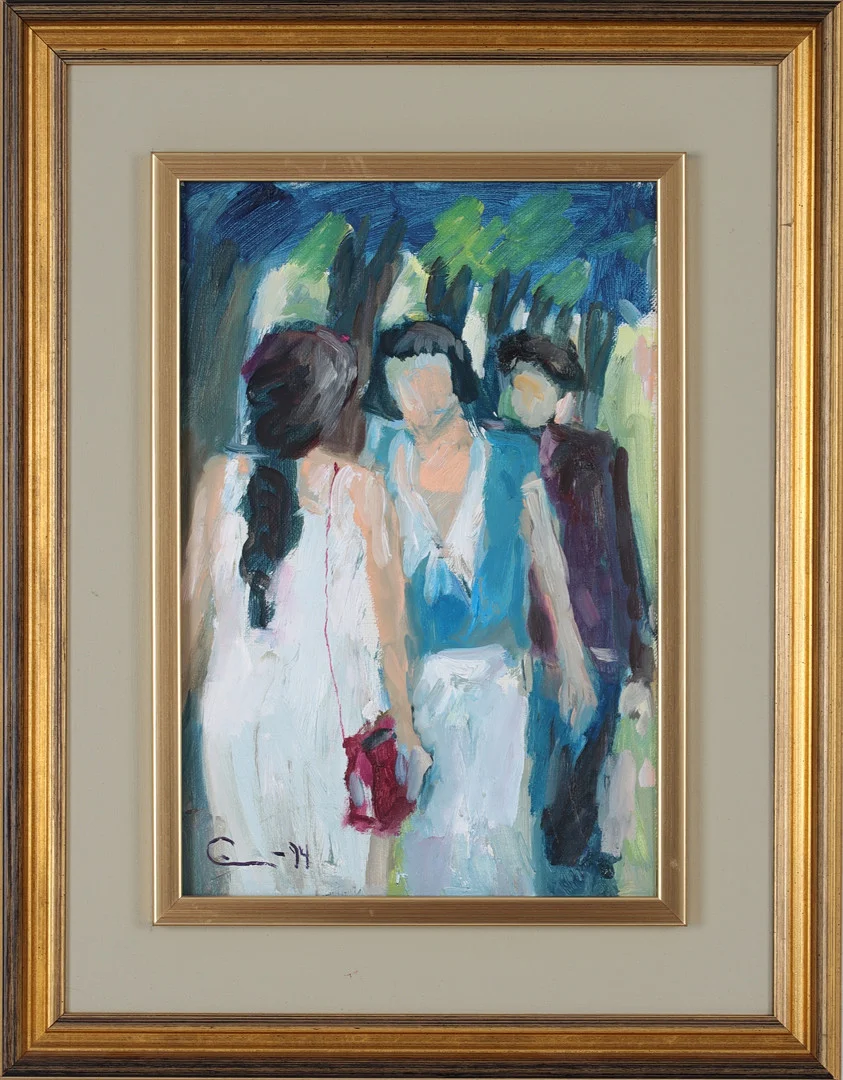 EINAR WENNBERG. "Möten i park", olja på pannå, signerad och daterad -94. — Paintings — Stadsauktion Sundsvall