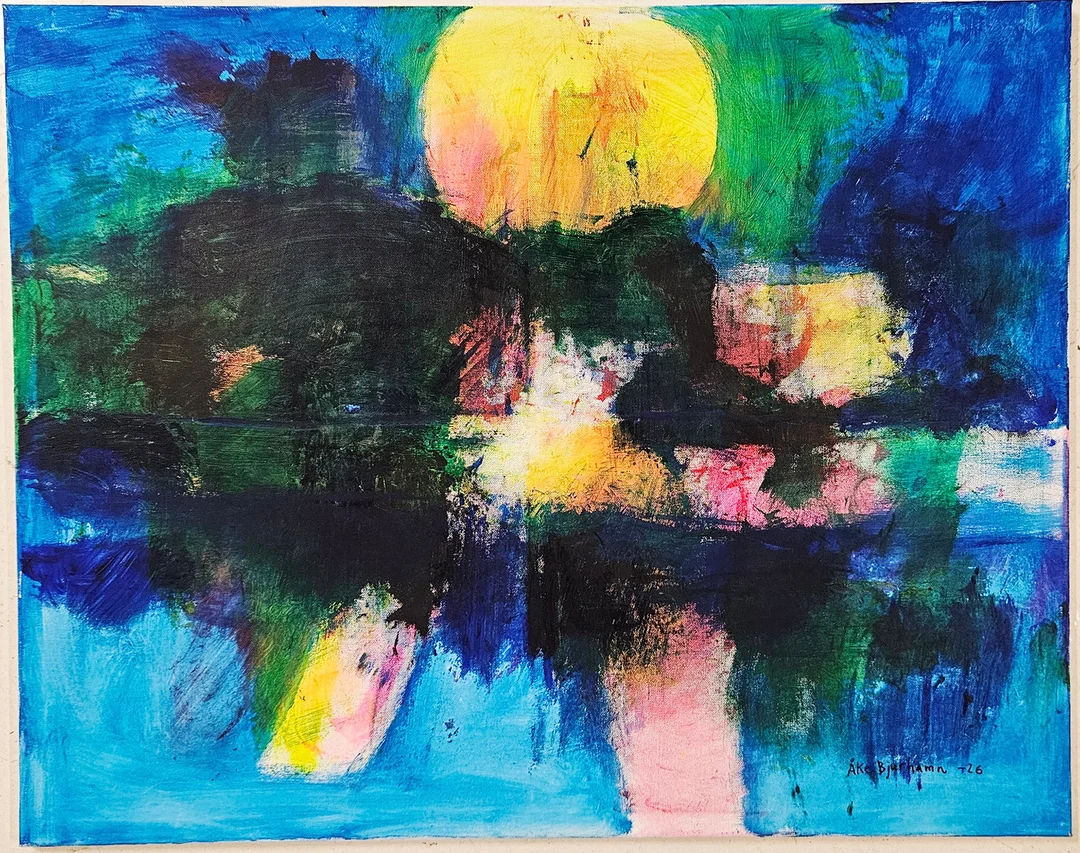 ÅKE BJURHAMN. "Soluppgång". Akryl på duk. Signerad och daterad -26. — Paintings — Auktionshuset Thörner & Ek