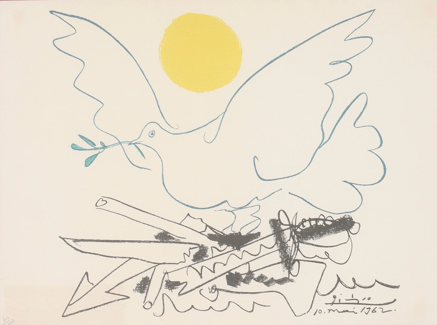 PABLO PICASSO. EFTER. "Colombe au soleil jaune", färglitografi ur "Fredsmappen", signerad i trycket, numrerad 611/1000. — Engravings & Prints — Stadsauktion Sundsvall