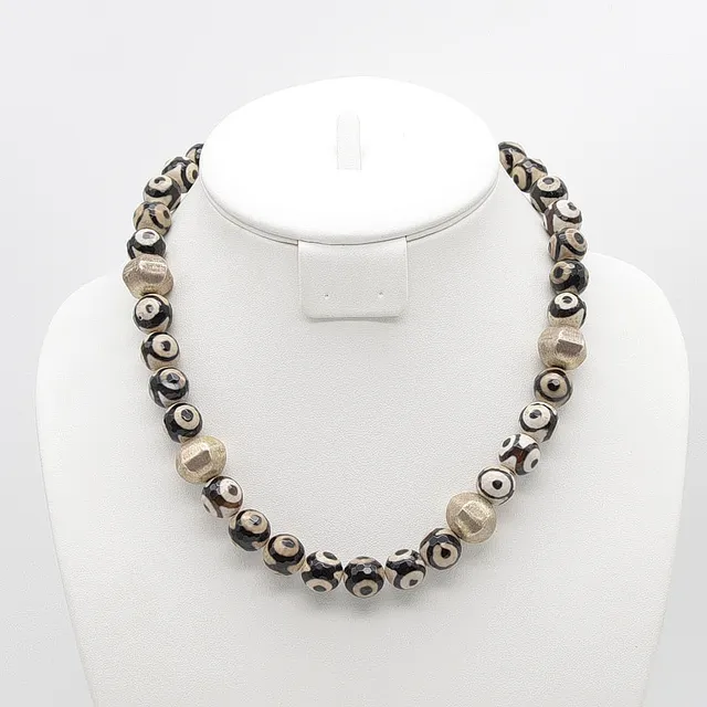 DESIGNER COLLIER AUS TIBET ACHAT (FACETTIERT), 925ER SILBER, VINTAGE, CA. 45C.