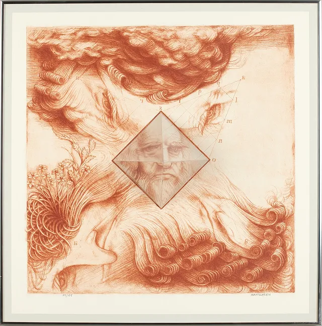 HANS HAMNGREN (1934-2017). Leonardo da Vinci, signerad och numrerad Hamngren 89/135, etsning och akvarell, anamorfos med spegel.