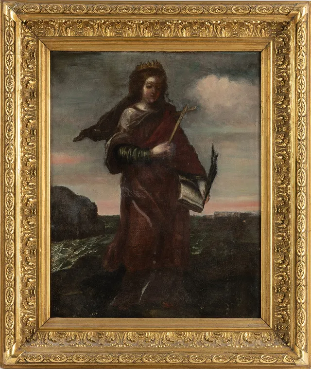 OKÄND KONSTNÄR, olja på dubblerad duk, föreställande Katarina av Alexandria, 1600-/1700-tal.