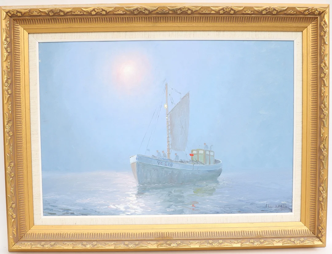 NILS LANDZELIUS. Havsbild med fiskebåt, oljemålning på duk, signerad. — Paintings — Falun Auktionsbyrå