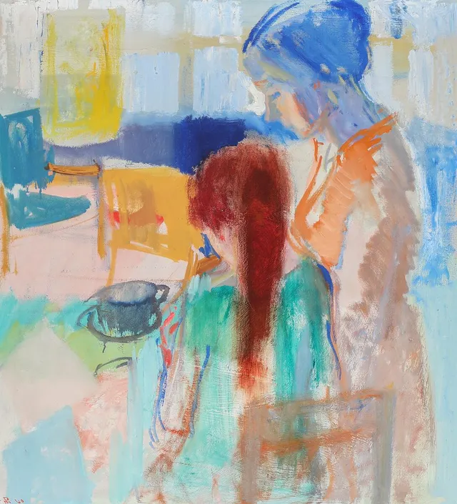 Interiør med en kvinde og en pige. Signeret monogram, 60. Olie på lærred. 81×70 cm.