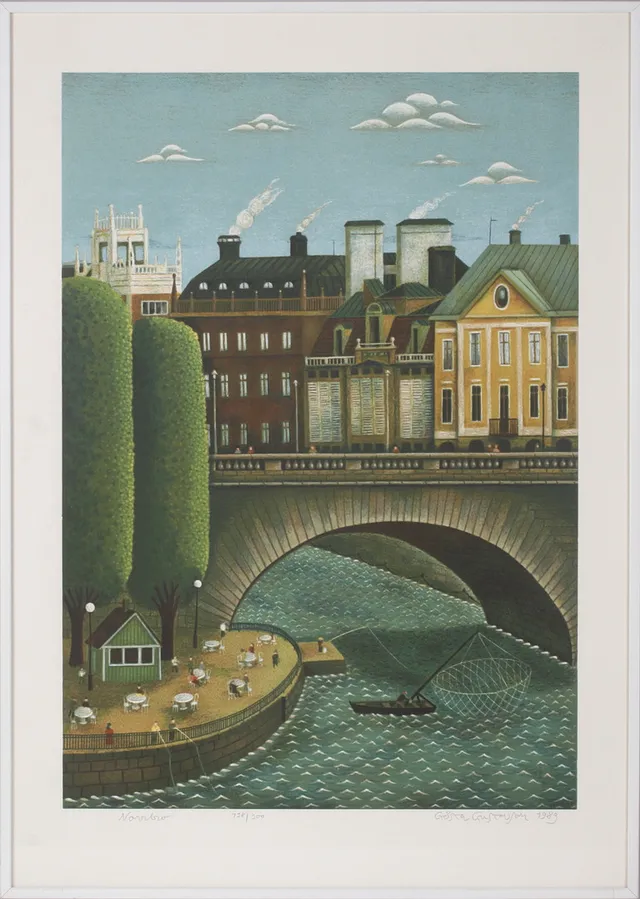 GÖSTA GUSTAVSSON. "Norrbro", färglitografi, signerad och numrerad 138/300.