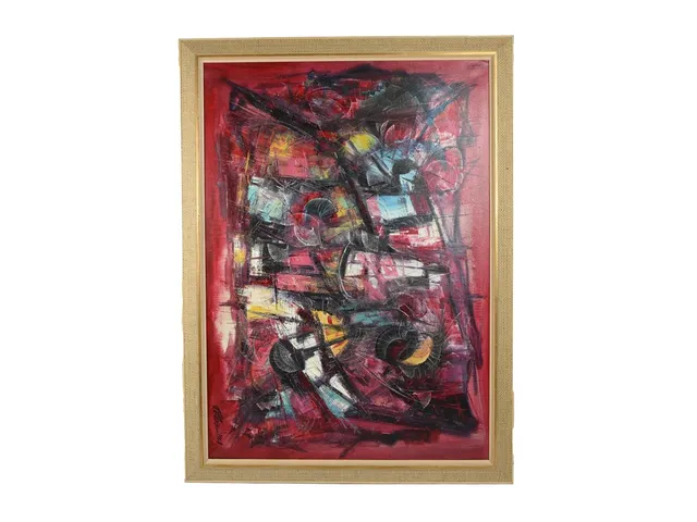 Veijo Valmu (Finland, 1929-1995) Olja på duk, 59x83cm, abstrakt komposition, i flerfärgad träram, visst slitage.Ej visning