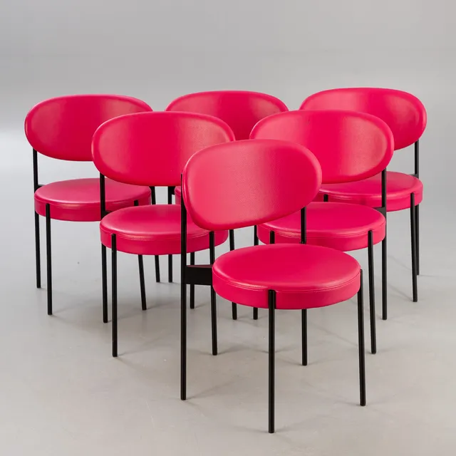 VERNER PANTON. Verpan. 6 'Series 430' Chairs, Vinyl pink.