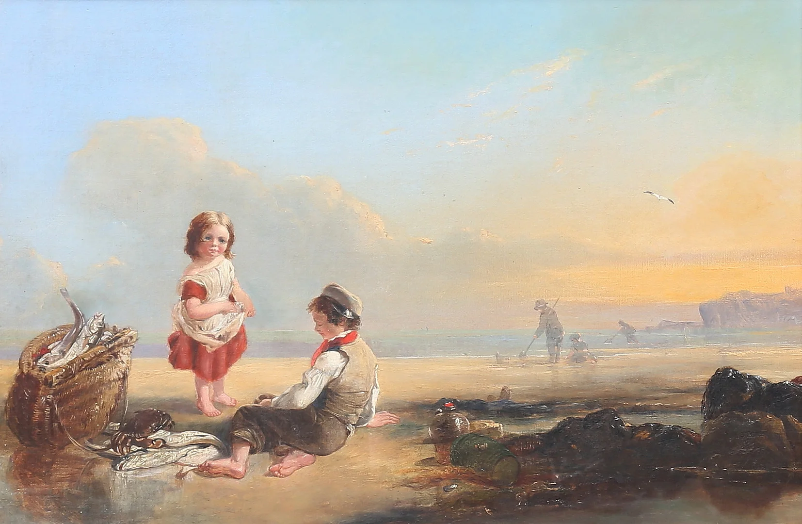 OKÄND KONSTNÄR. Barn vid fiskfångst. Olja på duk, uppfodrad på pannå, osignerad. — Paintings — Auktionshuset Thelin & Johansson